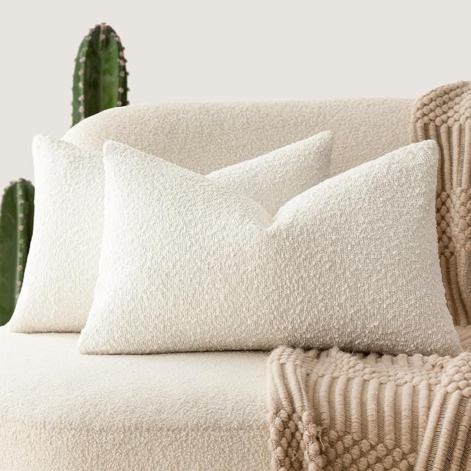 Foindtower Pack of 2 Textured Boucle Throw Pillow Covers Accent Solid Pillow Cases Cozy Soft Decorative Couch Cushion Case for Chair Sofa Bedroom Living Room Home Decor, 20 x 12 Inch,White