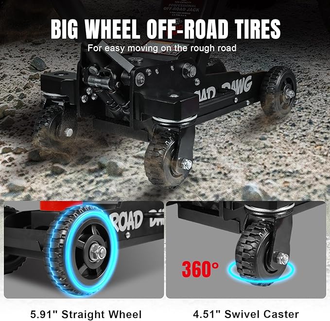 ROAD DAWG 3 Ton Big Wheel Off-Road Jack, Professional Aluminum and Steel Racing Floor Jack with Dual Pistons Quick Lift Pump, Lift for Trucks, SUVs, ATVs Off road Vehicles,6000lb Capacity, AT830006XDL
