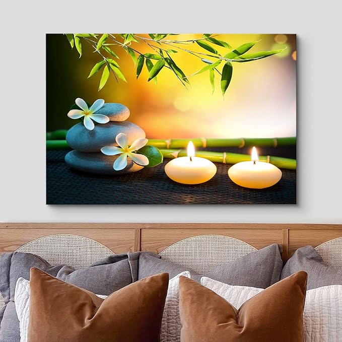 wall26 Canvas Print Wall Art White Daisy Relaxation Massage Stone Candles Nature Wilderness Photography Realism Rustic Landscape Colorful Multicolor for Living Room, Bedroom, Bathroom - 16"x24"