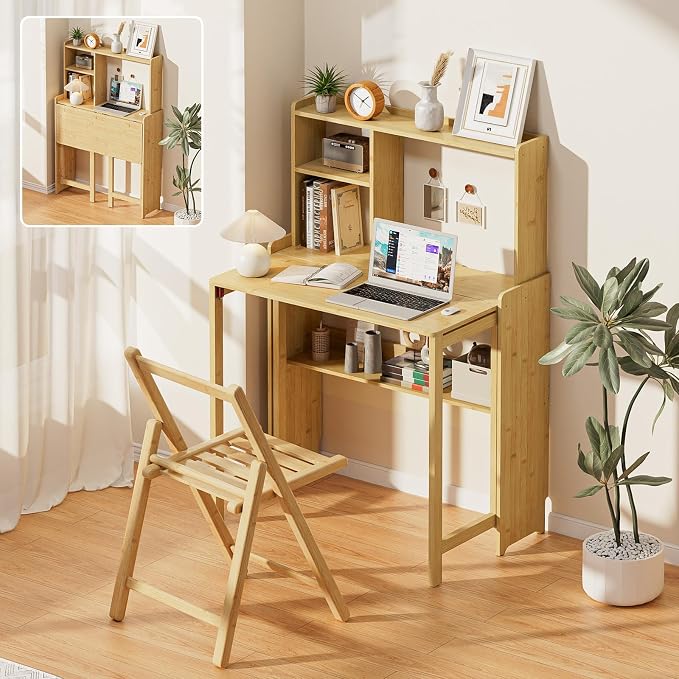 Folding Desk with Bookshelf, Compact Foldable Desk for Small Spaces,Natural | Bamboo Computer Desk with Storage Shelf, Space-Saving Home Office Desk with Hutch for Bedroom, Dorm, Apartment