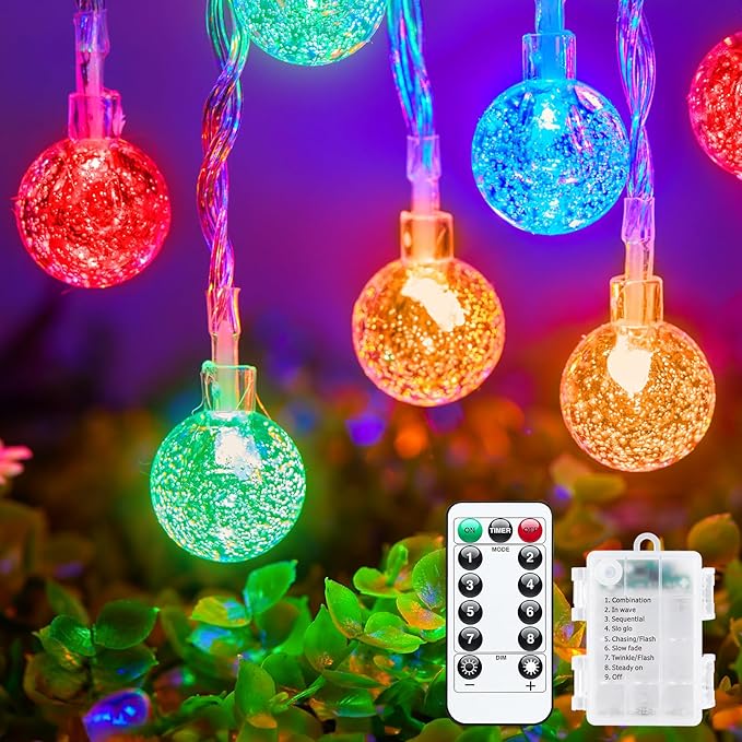 Minetom Crystal Globe String Lights Battery Operated - 33 ft 60 LED Globe Fairy Lights with Remote and 8 Modes, Waterproof for Bedroom Tent Loft Camping Porch Patio Party Wedding Decor, Multicolor