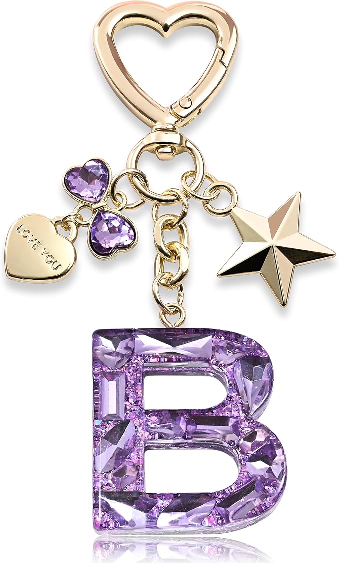Cute Bling Keychain initial Letter Butterfly Star Pink Purple Gift for Women Girls Bag Cup Charms Accessories