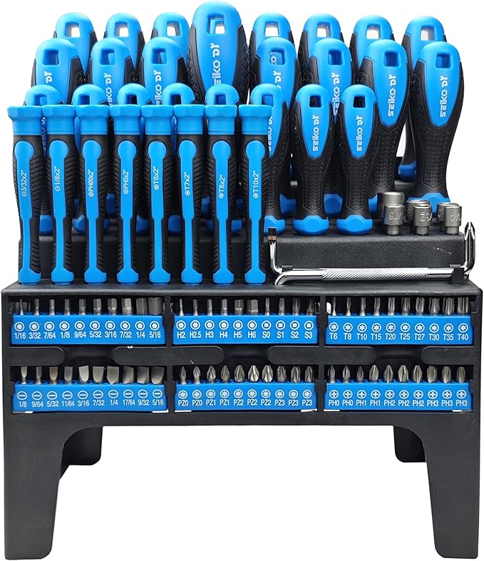 100-Piece Magnetic Screwdriver Set with Plastic Rack, Includes Slotted/Phillips/Torx Precision Drivers, Non-Slip Rubber Handles, Multi-Purpose Hand Tools, Ideal Gift for Handymen & DIY Enthusiasts
