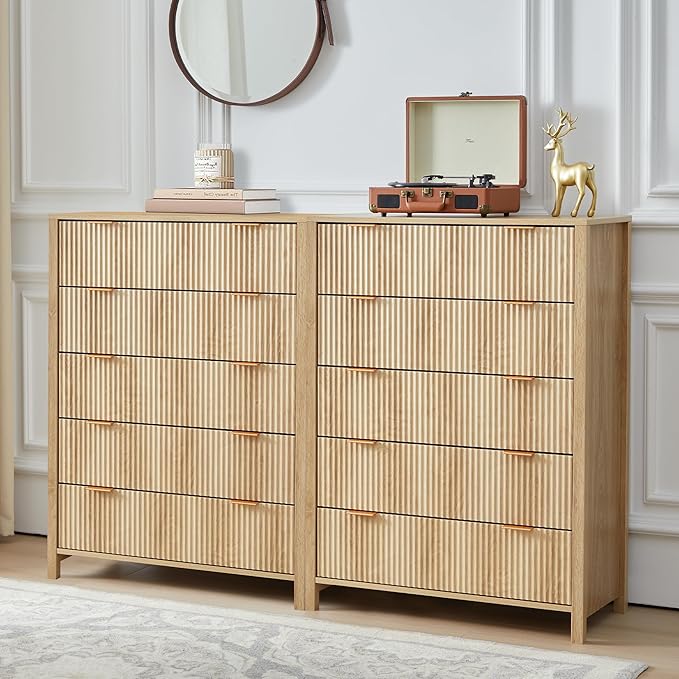 5 Drawer Double Dresser for Bedroom, Modern Wide Chest of Drawers with Fluted Panel Design,Wood Storage Dressers Chest of Drawers for Bedroom Living Room Hallway Closet,Natural,2 Sets