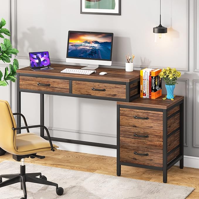 Tribesigns Computer Desk with 5 Drawers, Reversible Home Office Desks | Small Desk with Drawer Cabinet Printer Stand, PC Desk with Storage, Rustic Study Writing Table Workstation for Small Spaces