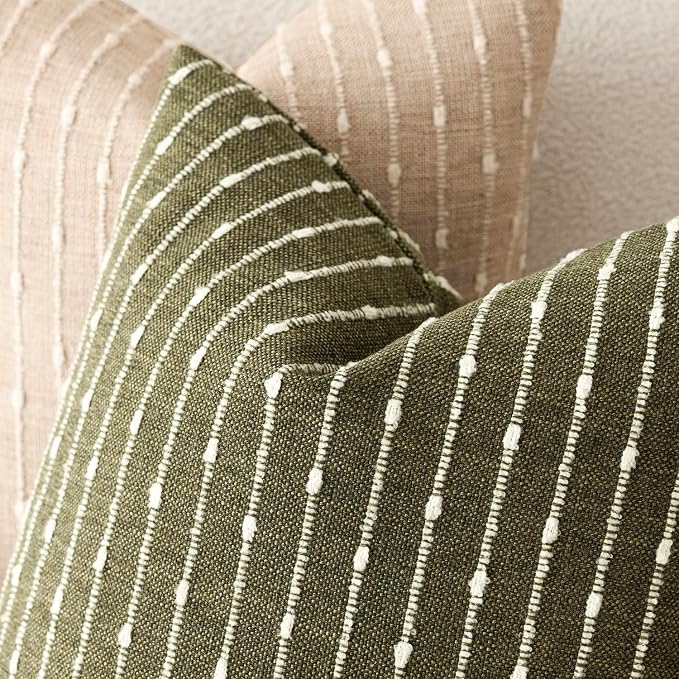 Foindtower Pack of 2 Decorative Jacquard Boucle Lumbar Throw Pillow Covers Accent Textured Striped Pillowcases Cozy Boho Cushion for Couch Sofa Bedroom Living Room Home Decor 12x20 Inch Olive Green