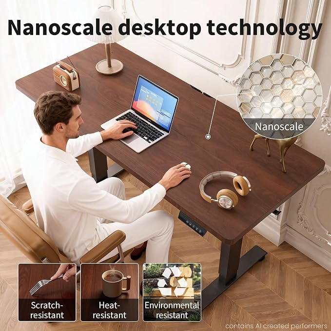 Veken Standing Desk, 47.2 Inch Electric Gaming Table, Walnut | Height Adjustable Sit Stand Up Computer Tables for Home Office, Study , Writing, Suit students, employees and group work