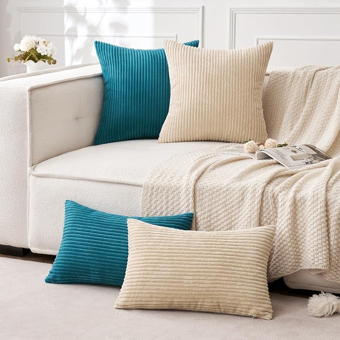 MIULEE Lumbar Soft Corduroy Throw Pillow Covers Set of 2 12x20 Beige | Decorative Striped Textured Cushion Cases, Boho Pillowcases Neutral Home Decor, for Couch Chair Sofa Bed Living Room