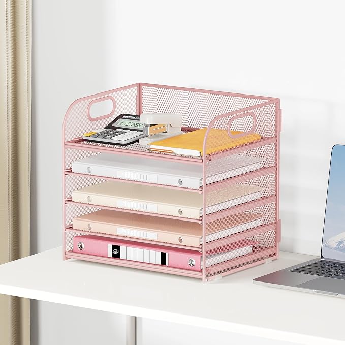 5 Tray Paper Organizer Letter Tray with Handle - Mesh Desk File Organizer, Paper Sorter Organizer for Office, Home or School File Folder Holder - Pink
