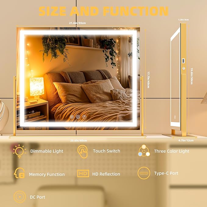 Vanity Mirror with Lights, 24'' x 20'' Lighted Makeup Mirror, Touch Screen with 3-Color Lighting, Dimmable for Vanity Desk Tabletop Square Gold