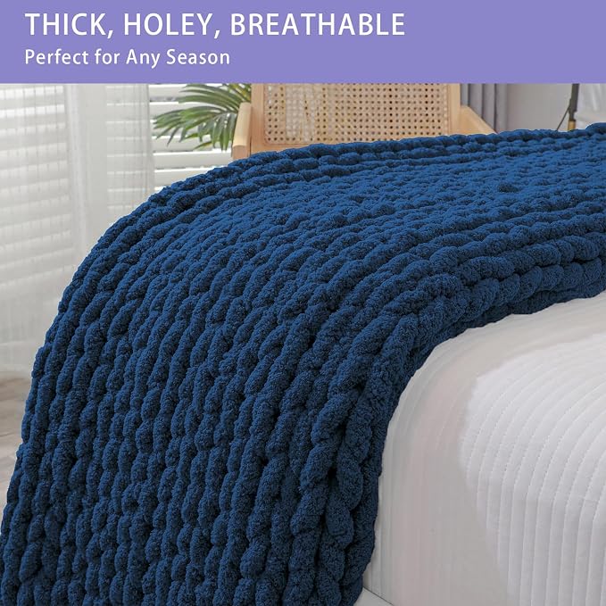 Bigacogo Chunky Knit Throw Blanket for Couch, 60x80 inches, Navy Blue | Hand Knit with Jumbo Chenille, Soft Breathable Cable Knit for Sofa Bed Living Room, Machine Washable, Gift for Mom Friend