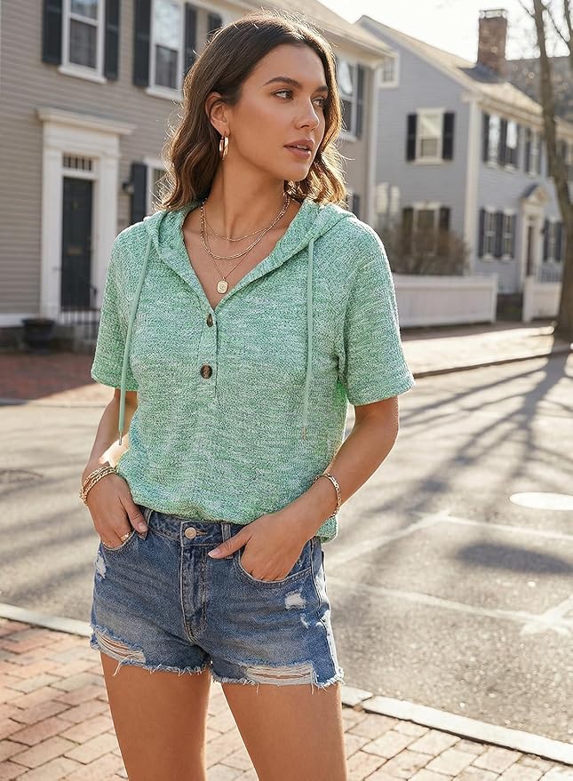 Dokotoo Womens Summer Tops 2026 Short Sleeve Button V Neck Waffle Knit Lightweight Drawstring Hoodies Casual Blouses Shirts