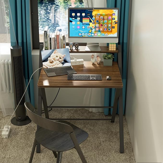 GreenForest Folding Desk No Assembly, Sturdy Computer Desk for Small Spaces | Portable Foldable Table for Laptop, 2-Tier Compact with Shelf, Space Saving for Home Office, Dorm, Apartment, 24"x 30" Walnut