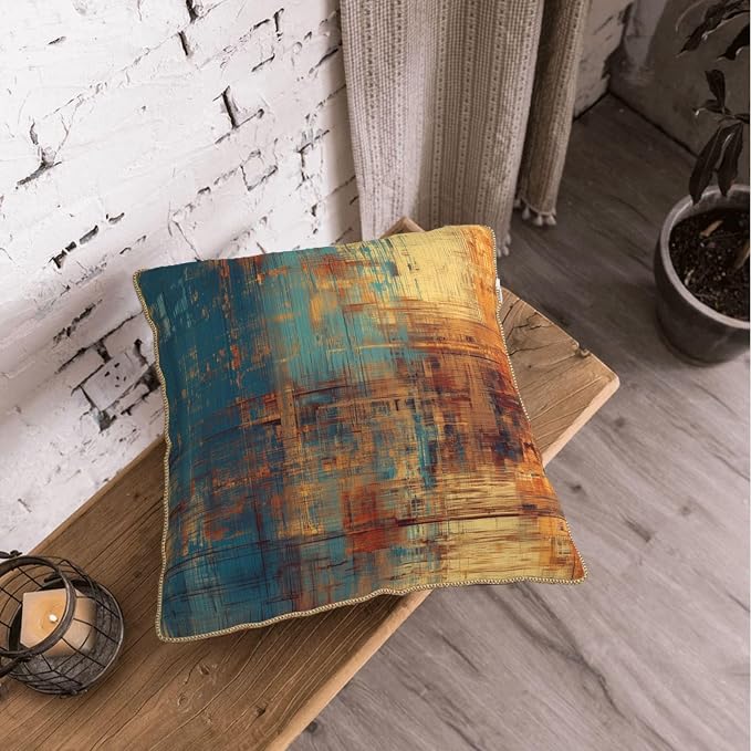 Vintage Abstract Teal Orange Velvet Pillow Covers 16x16 InchMessy Blue Rust Throw Pillows for Couch Cushion Covers Pillowcase Retro Colorful Art Pillow Cases for Sofa Bed Living Room