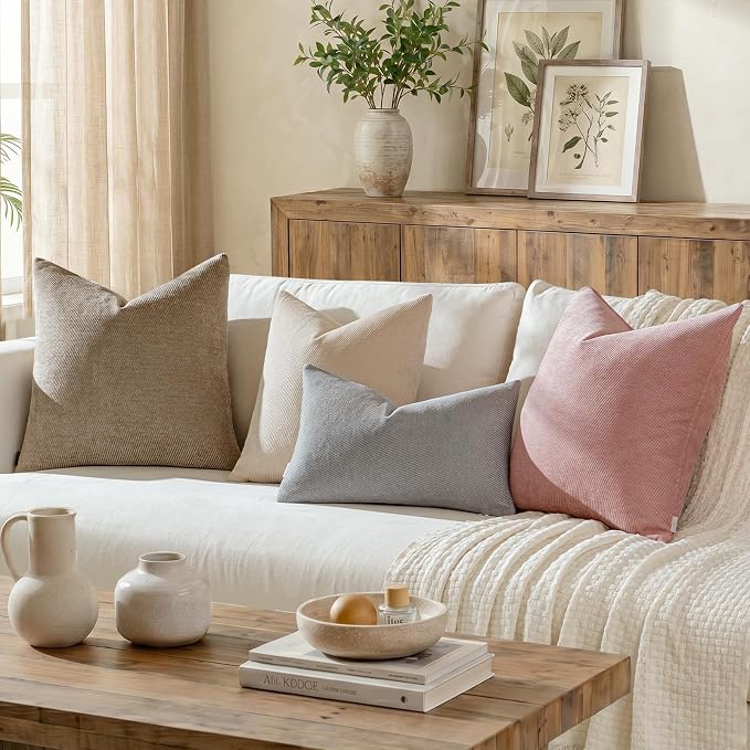 a moment Pack of 2 Decorative Chenille Throw Pillow Covers with Twill Cushion Covers for Sofa Living Room Couch Bed 12x20 Inch Blush Pink