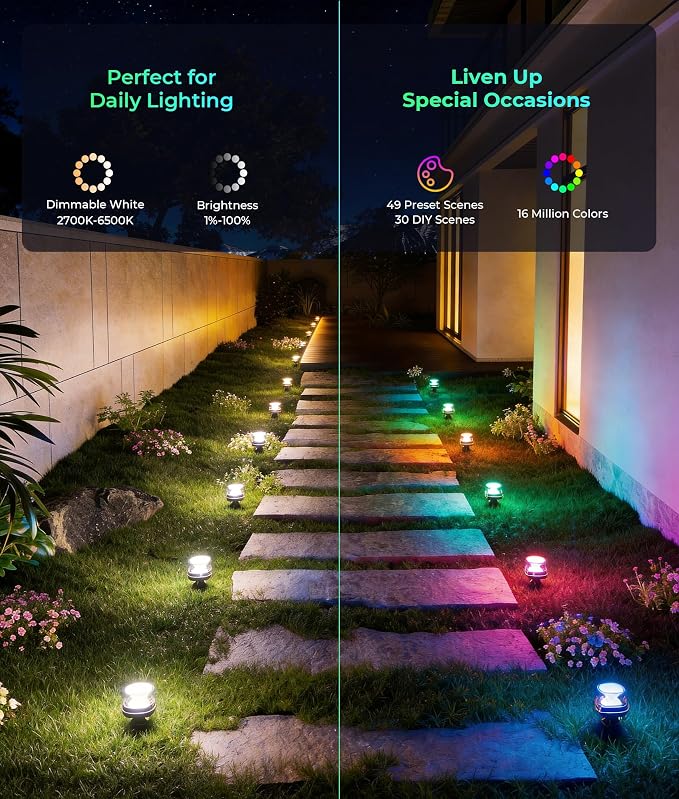 DeckTok 50ft Smart RGBCW LED Outdoor Ground Lights IP67 Waterproof 15 Pack | 100LM Pathway Lights Work with Alexa Google Assistant, Landscape Lighting for Path Yard Lawn Patio Pool Fence & Party Decor