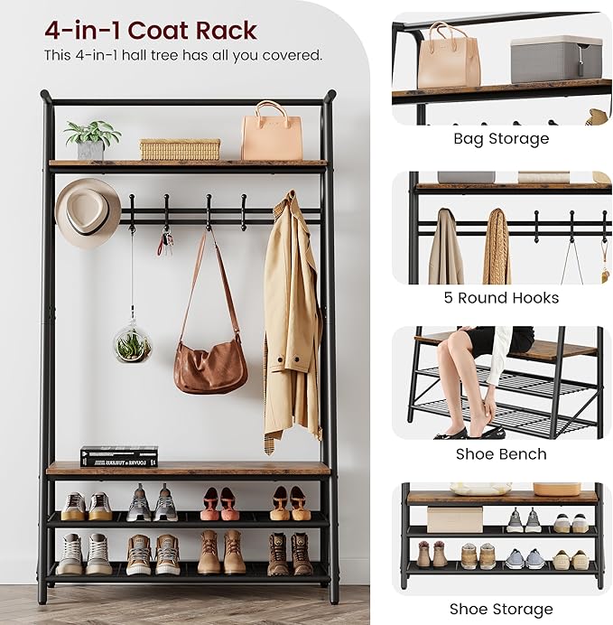 Coat Rack Hall Tree with Shoe Storage Bench, 4-in-1 Entryway Bench with 6 Hooks & 3-Tier Shoe Rack, Metal Frame for Entryways, Freestanding Coat Racks Storage for Entryway, Hallway, Front Door