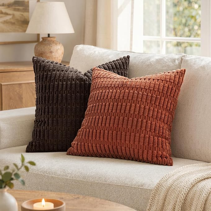 MIULEE Fall Pack of 2 Rust Corduroy Decorative Euro Sham Pillow Covers 22x22 Inch Soft Boho Striped Throw Pillow Covers Modern Farmhouse Home Decor for Sofa Living Room Couch Bed