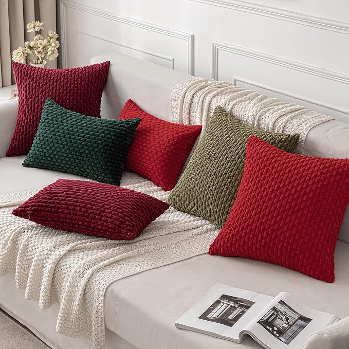 MIULEE Decorative Throw Pillow Covers 18x18 Burgundy Textured Corduroy | Pack of 2 Striped Pillow Covers Modern Farmhouse Home Decor for Couch Bed Sofa Living Room
