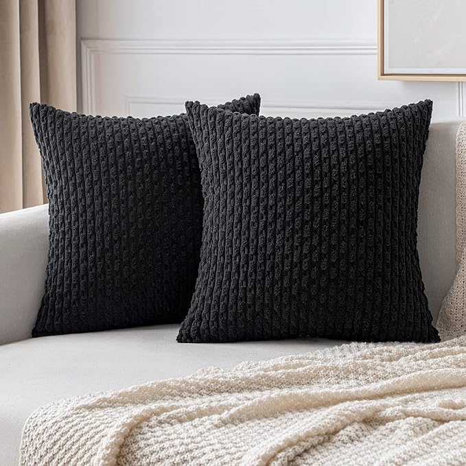 MIULEE Decorative Throw Pillow Covers 20x20 Black Textured Corduroy | Pack of 2 Striped Pillow Covers Modern Farmhouse Home Decor for Couch Bed Sofa Living Room