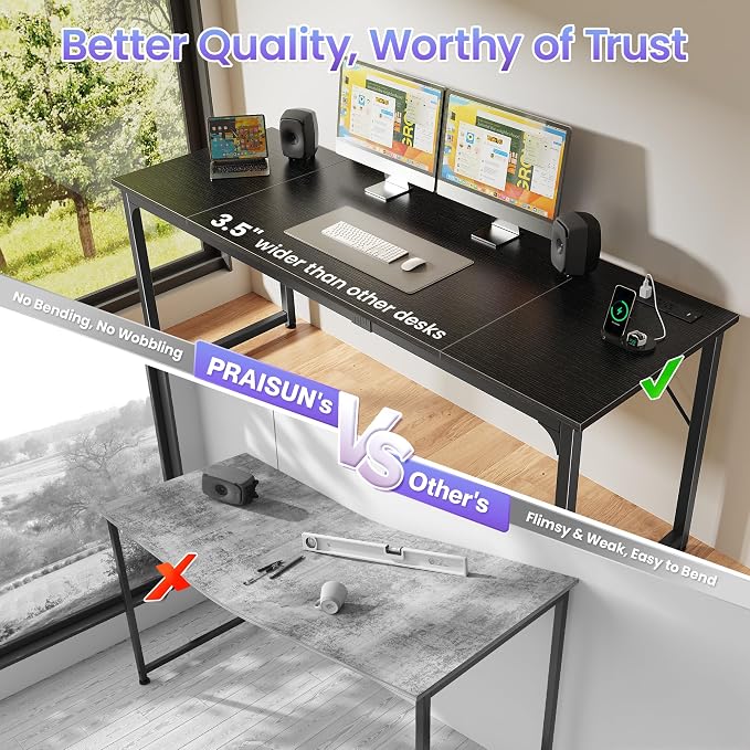 PRAISUN 70 X 24 Inch Computer Desk, Power Outlets, USB-C, Black | Office Desk with 4 AC Outlets, USB & USB-C, Sturdy Metal Frame, Spacious Desktop for Work, Writing, Study & Gaming