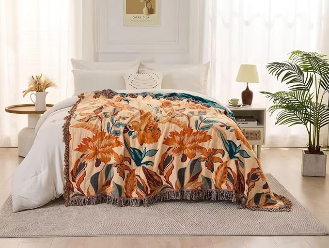 Boho Throw Blanket for Bed 100% Cotton Bohemian Blankets Ultra Soft Woven Muslin Decorative Blankets All Seasons Vintage Quilt Knitted Blanket for Sofa Chair(Orange, 90"x98")