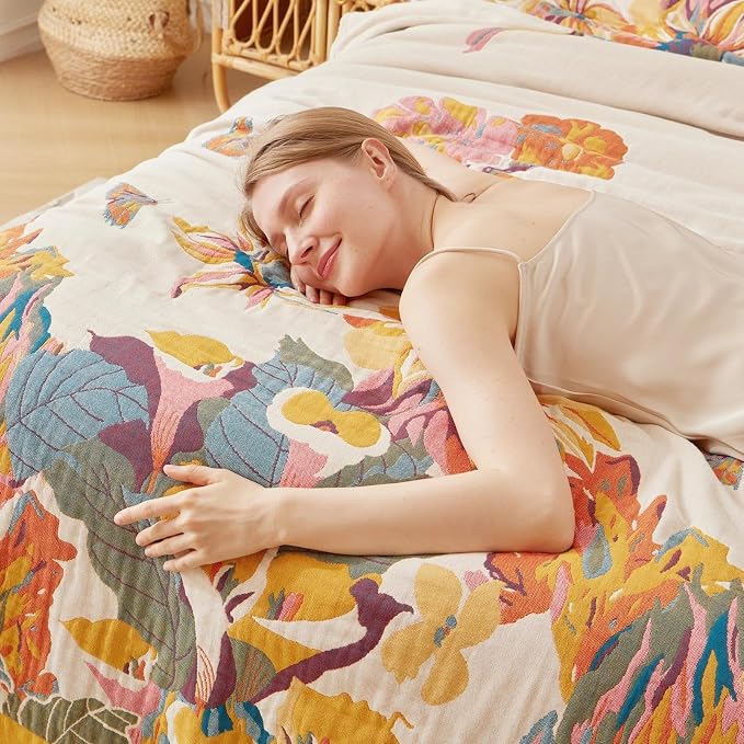 LUTBM Boho Throw Blanket for Bed 60"x80", 100% Cotton Couch Summer Blankets | Reversible Floral Butterfly Jacquard, All-Season Quilt, For Chair Sofa Living Room, Lightweight Breathable Gauze, Boho Decor
