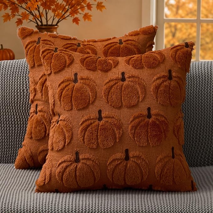 DFXSZ Fall Pillow Covers 18x18 2Pcs Rust Brown Pumpkin Fall Decorations | Fall decor Set of 2 Throw Pillow Cases Soft Plush Faux Fur Wool Couch Cushion for Chair Sofa Bedroom Living Room Home Decor