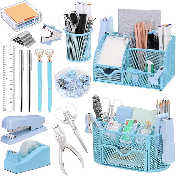 17 in 1 Blue Desk Organizers and Accessories Set, 3 Office Desk Supplies Storage Organization, 4 Pens, Stapler, Staples & Remover, Tape & Dispenser, Scissors, Ruler, Clips, Hole Punch, Back to School