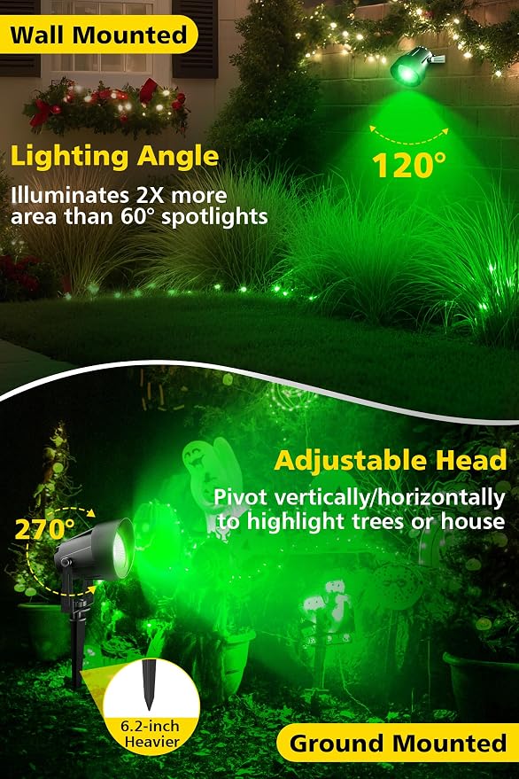 T-SUN Green Spotlight Outdoor, Waterproof LED Landscape Lighting with US Plug, Easy Install 270° Adjustable Outdoor Spot Lights for Garden Tree Yard Decor, 2 Pack