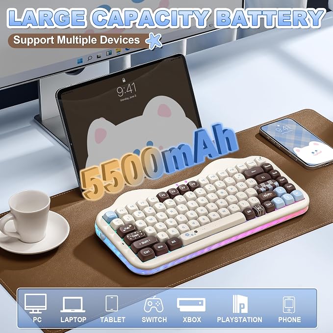 YUNZII C75 Cute 75% Wireless Mechanical Keyboard (Choco, Milk V2 Switch) | Creamy Cake Keyboard, BT5.0/2.4G/USB-C, Hot-Swap, NKRO, PBT MOA Keycaps,5500mAh RGB Gasket Mount for Mac/Win/Gaming/Office