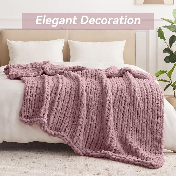 Negwoo Chunky Knit Throw Blanket, Knitted Throw Chenille Yarn, 50"*60" | Soft Thick Cable Knitted Blankets, Handmade Big Thick Blanket, Machine Washable Cute Comfy Blanket for Home Decor, Muted pink