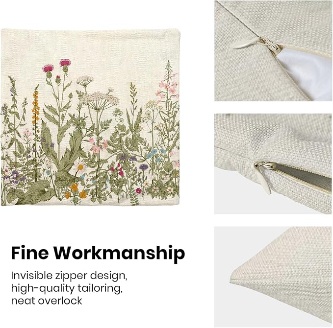 AEIOAE Sage Green Pillow Covers 16x16 Inch Set of 2, Spring Wildflower Plant Throw Pillows Case,Seasonal Floral Outdoor Decorative Flowers Farmhouse Decor Cushion Covers for Home Sofa Bed Couch