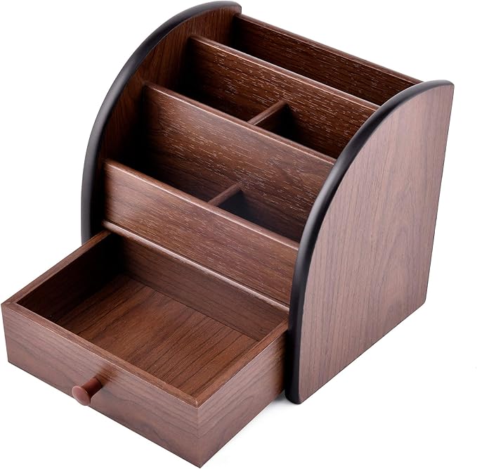 Wooden Desktop Organizer with Drawer, Multifunctional Office Supply Storage - Remote Control Caddy Holder