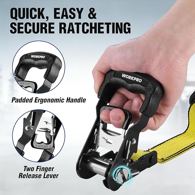 WORKPRO Ratchet Tie Down Straps, 2-Pack | 1.5" x 16' | 3300 lbs Break Strength Heavy Duty Ratchet Straps, Fits for Moving Appliances Motorcycle ATV Truck (Yellow)
