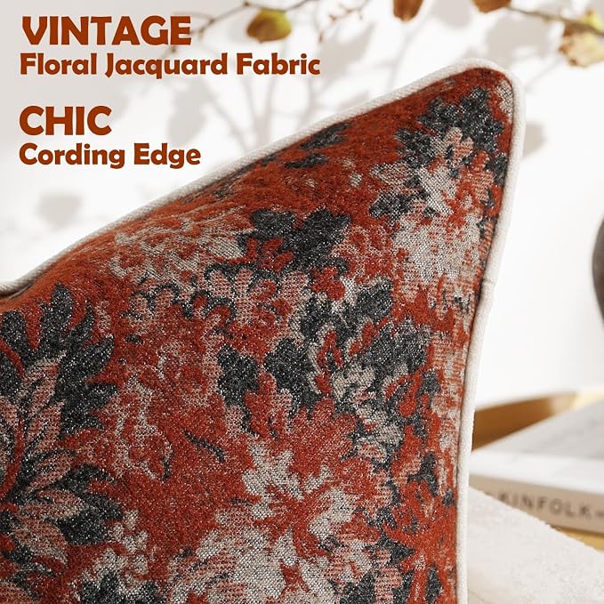 Pack of 2 Vintage Floral Throw Pillow Covers 16x16 Boho Farmhouse Accents Chenille Square Decorative Pillow Cases for Living Room Couch Bed Home Decor, Rust
