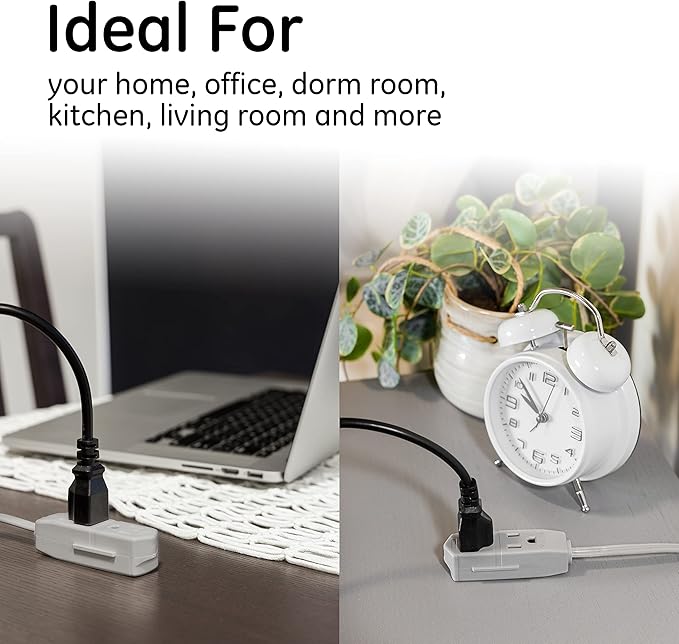 GE 3-Outlet Flat Extension Cord 25 Ft Grounded Extension Cord with Multiple Outlets 3 Prong Outlet Extender Flat Plug Indoor Power Strip 16 Gauge UL Listed Gray, 43025