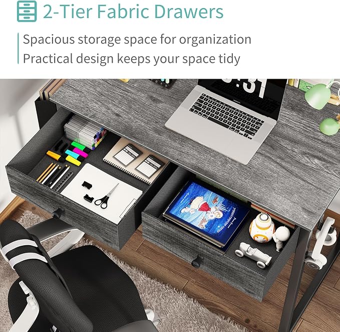 Lufeiya Small Desk with Drawers - for Bedroom, 32 Inch Home Office Computer Desk with Fabric Storage Drawer and Bag, Study Writing Table for Small Spaces, Gray