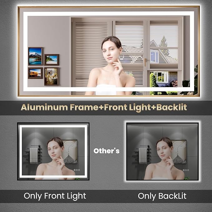 Amorho 60"x 40" LED Bathroom Mirror, Golden Metal Framed Mirror with Front Light and Backlit, Stepless Dimmable, Anti-Fog, Shatter-Proof, Memory, 3 Colors