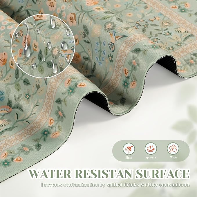 iCasso Aesthetic Flower Mouse Pad,23.6x13.7in Desk Pad, Light Green | Desk Matt for Desktop, Anti-Slip Mousepad with Stitched Edges for Laptop Computer Keyboard
