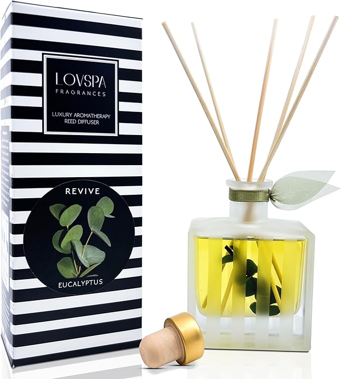 LOVSPA Reed Diffuser Set, Revive Eucalyptus Scented Oil Diffuser with Sticks, Home Fragrance Accessories for Bathroom Shelf Decor, Aroma Diffusers for Home or Office Desk, USA Made