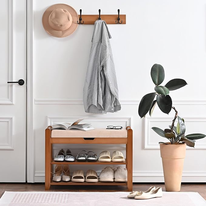 Shoe Storage Bench with Coat Rack, 27.6in Hall Tree Shoe Rack, 3-Tier Bamboo Entryway Bench Holds Up to 330lb for Bedroom Hallyway