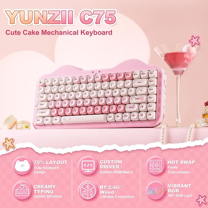 YUNZII C75 Cute 75% Wireless Mechanical Keyboard (Pink, Candy Switch) | Creamy Cake Keyboard, BT5.0/2.4G/USB-C, Hot-Swap, NKRO, PBT MOA Keycaps,5500mAh RGB Gasket Mount for Mac/Win/Gaming/Office