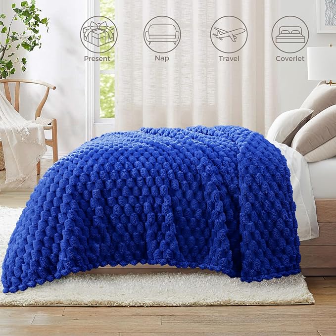 Whale Flotilla Soft Fleece Queen Size Bed Blanket Luxury 3D Jacquard, Blue | Lightweight Breathable Coverlet Bedspread for All Seasons, Super Cozy Plush Fluffy Fuzzy Decorative Blanket for Bed, 90"x90"