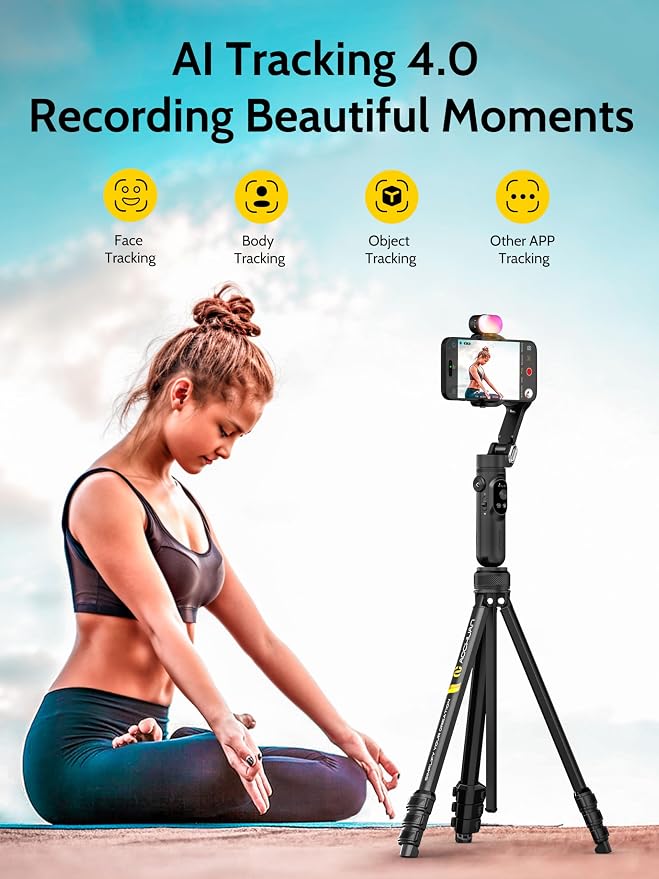 AOCHUAN 3-Axis���Gimbal Stabilizer for iPhone & Android w/RGB Light, Handheld Phone Gimbal for Video Recording w/AI Tracking,1/4 Thread, Extendable Tripod, Padded Carry Bag(Smart X Complete Combo1)