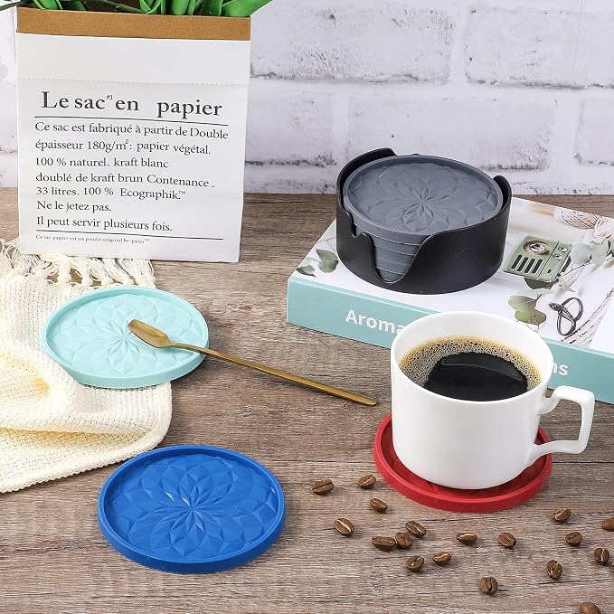 ME.FAN Silicone Coasters with Holder,[6 Pack] Drinking Coasters - Cup Mat for Hot or Cold Drinks, Thickened, Non-Slip, Non-stick,Deep Tray Dark Grey
