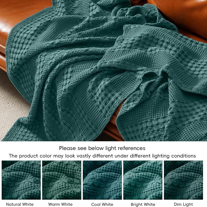 PHF 100% Cotton Waffle Weave Blanket King Size, Lightweight Breathable Summer Blanket for Hot Sleepers, Pre-Washed Soft Layer for Bed, Couch, Home Decor Gift, 108"x90", Teal