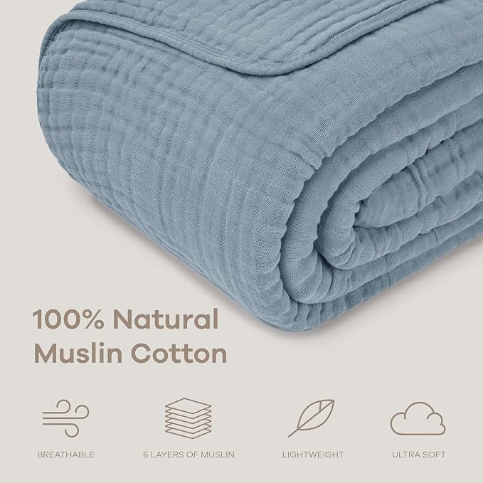 Comfy Cubs Adult Muslin Blanket 50x60” Throw Swaddle Blankets, Pacific Blue | 6 Layer Soft, Breathable & Lightweight Muslin Adult Blanket - Machine Washable & Designed in the US Bedding for All Seasons