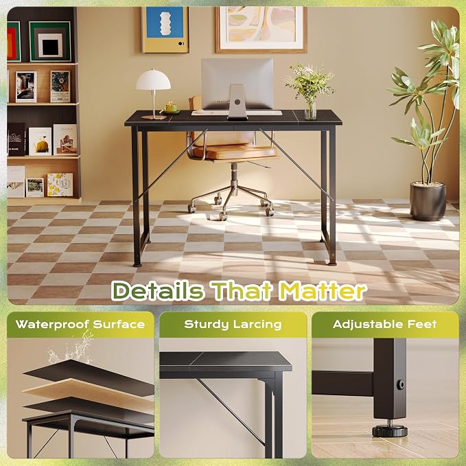 PRAISUN 40 Inch Computer Desk, Home Office Desk with Spacious Desktop, Black