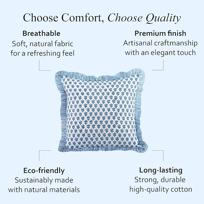 CPC Block Print Ruffle Throw Cover Apatite Blue 18"x18" Inch Pack of 2-100% Cotton Ruffle Couch Decorative Boho Pillows Case for Living Room, Bedroom, Sofa, Farmhouse Gift for Spring, Mother's Day